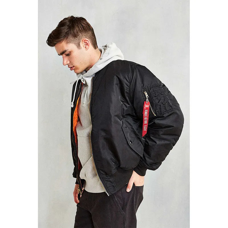 Men's olive green loose-fit cotton-padded pilot jacket with a zip front and workwear styling.