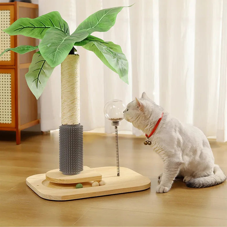 A canna-coloured solid wood cat scratching post with a vertical pole and an integrated food drop ball.