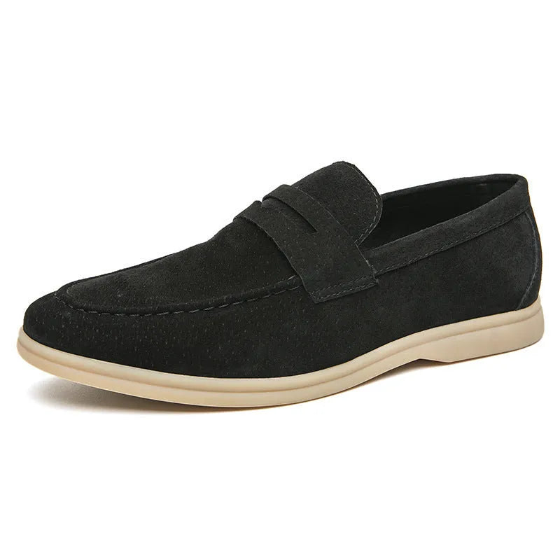 Men's leather slip-on casual shoes in black, beige or khaki with round toe and oversleeve design