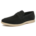 Men's leather slip-on casual shoes in black, beige or khaki with round toe and oversleeve design
