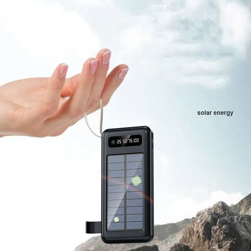 Black and white solar power bank showing front view with dimensions 144mm by 68mm.