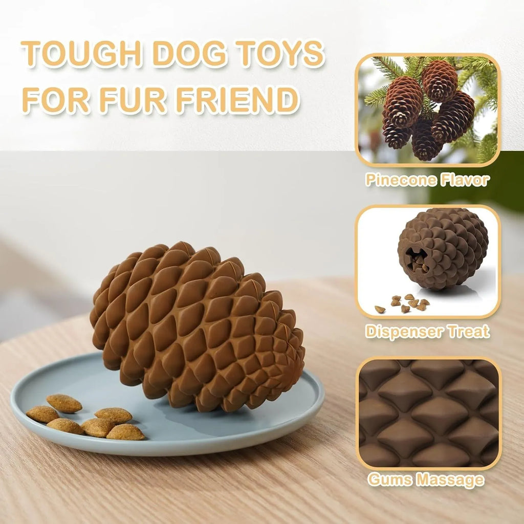 Yellow pine cone shaped natural rubber dog toy with treat dispenser for medium large aggressive chewers
