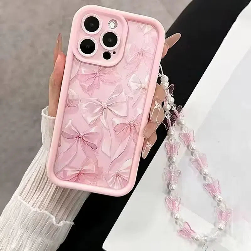 Pink matte silicone phone case with bow design and Tianyan ladder pattern for Apple iPhone