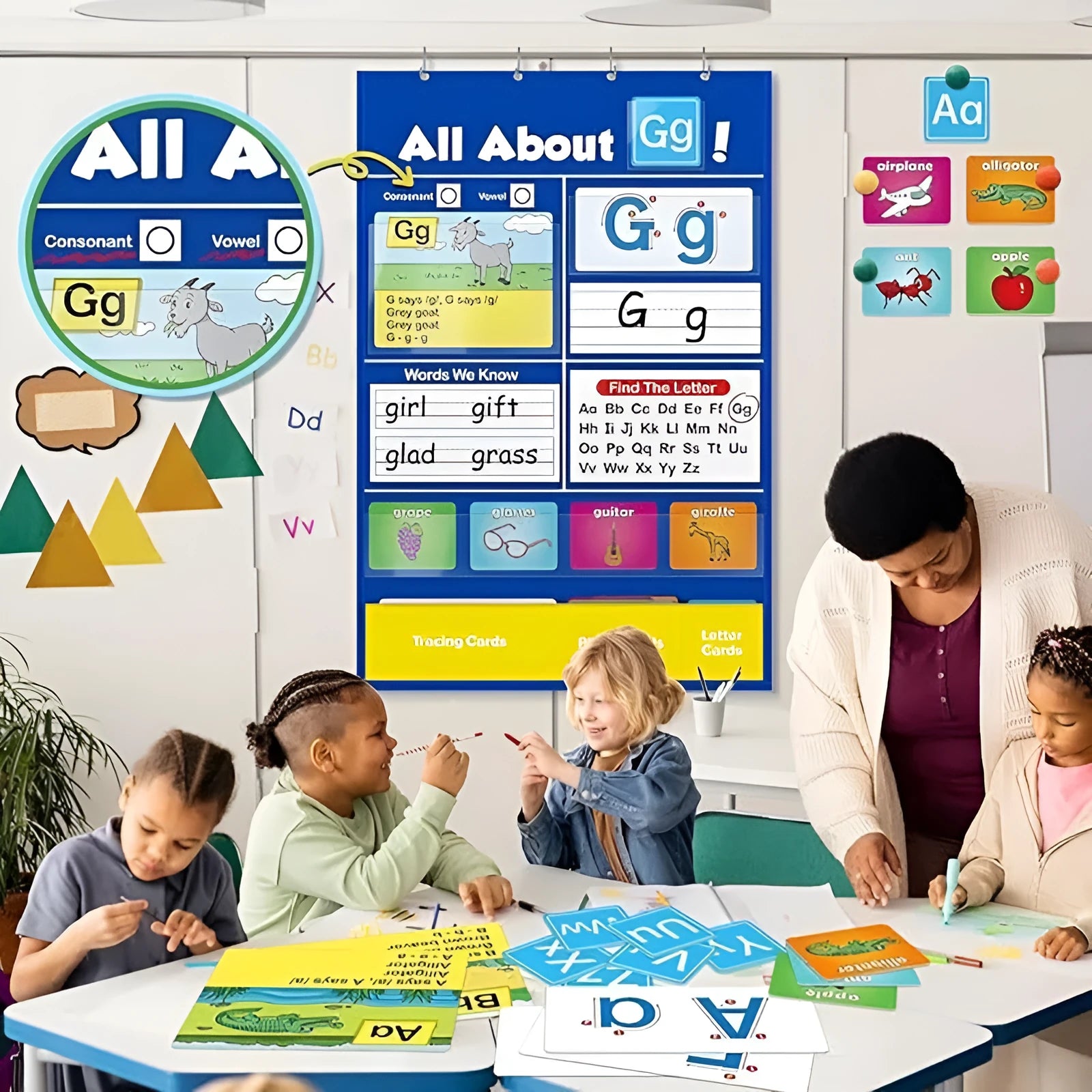 Alphabet learning sleeve table chart with a large set of educational cards for home use.