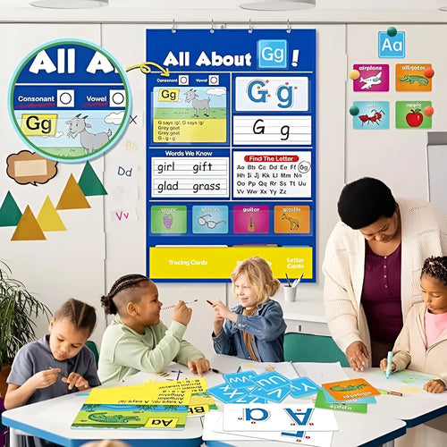 Alphabet learning sleeve table chart with a large set of educational cards for home use.