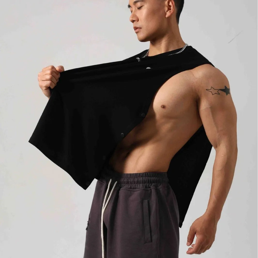 Korean style men's loose cotton fitness vest with hidden side hooks in black.