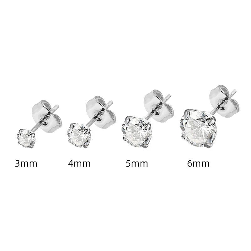 Square geometric titanium steel stud earrings with round zircon accents in gold or steel colour finishes