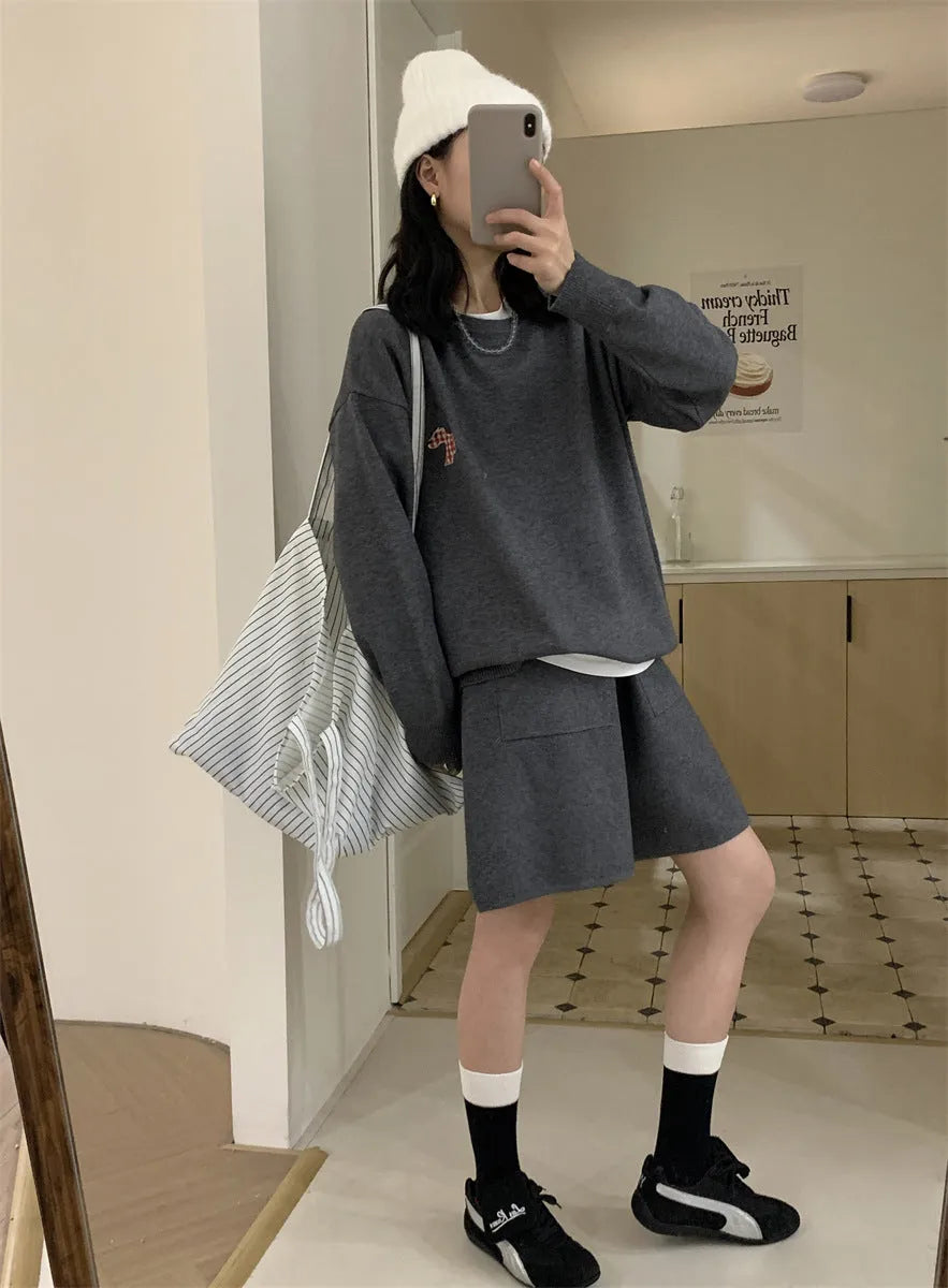 Women's milk blue knitted sweater and shorts set with animal embroidery, Japanese Korean casual style.