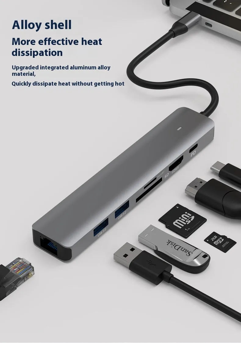 LQT-LH07 7-in-1 USB-C hub with card reader slots and multiple ports on a dark background.