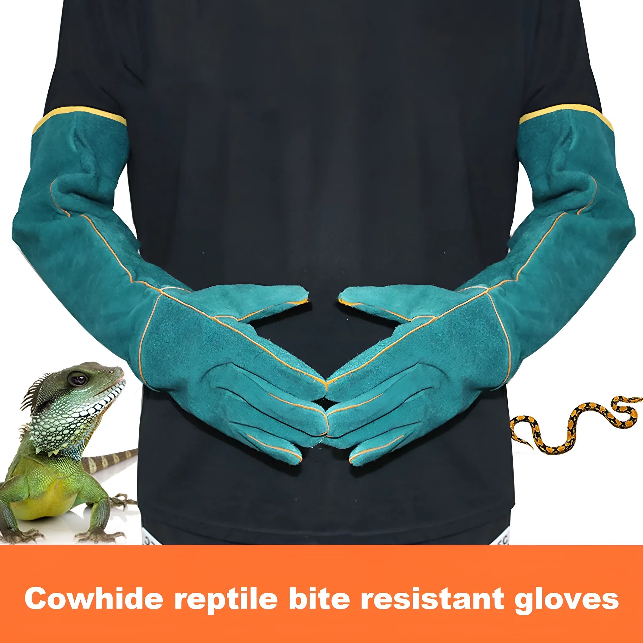 A pair of dark green, long-cuff leather animal handling gloves with a cotton lining for bite and scratch protection.