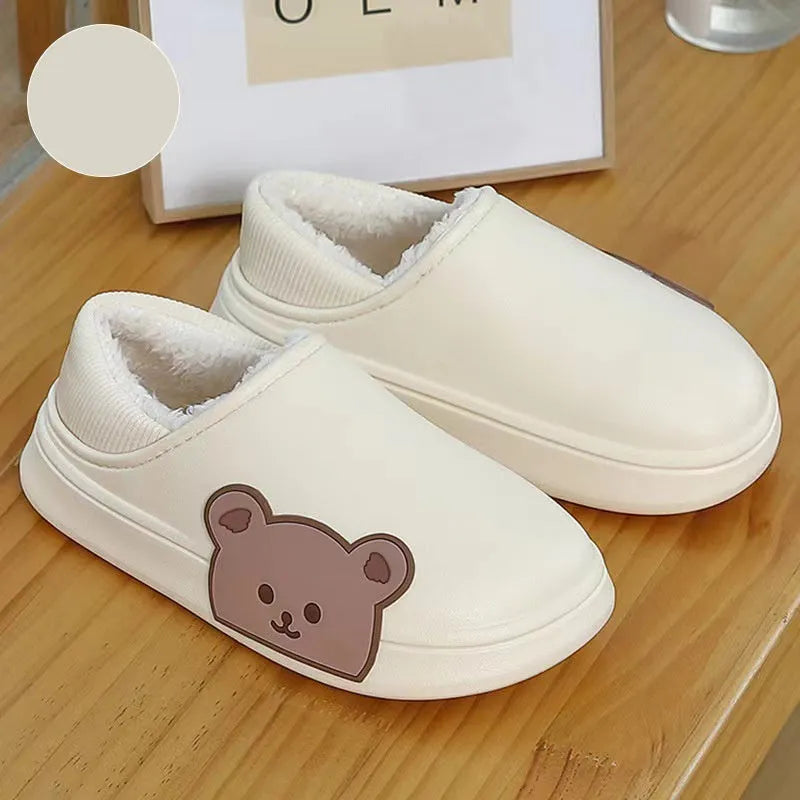 Bear fluffy slippers winter house shoes for women, unisex PVC sole, white colour