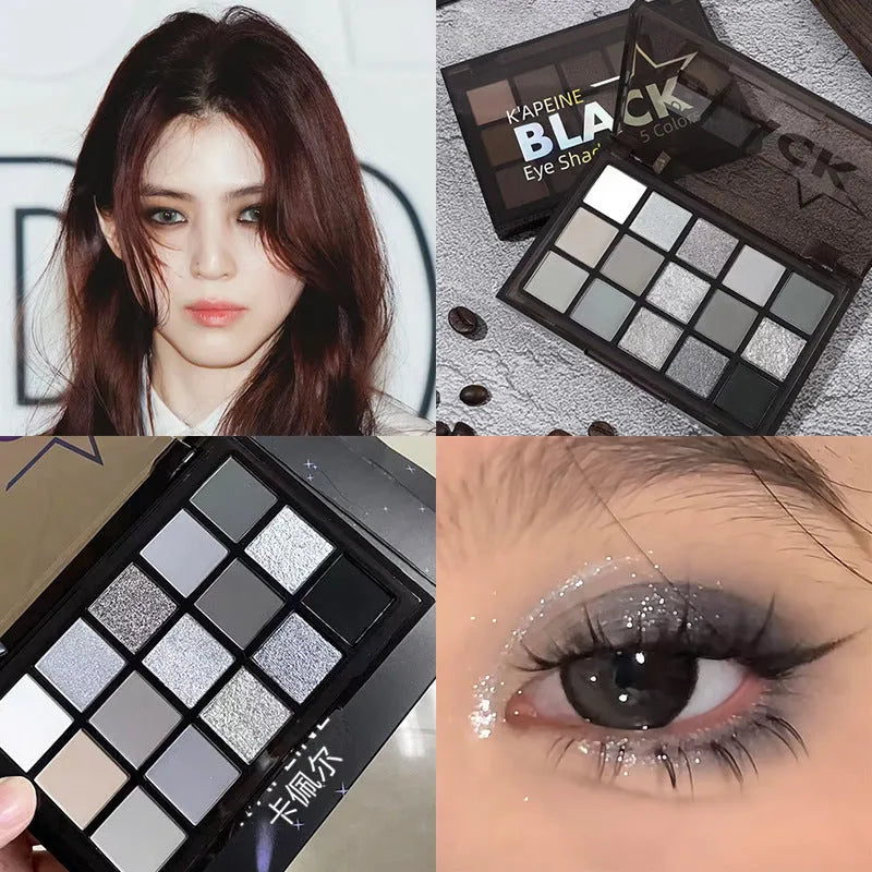 15-colour eye shadow palette showing brown, blue, grey, and black shades with matte and shimmer finishes