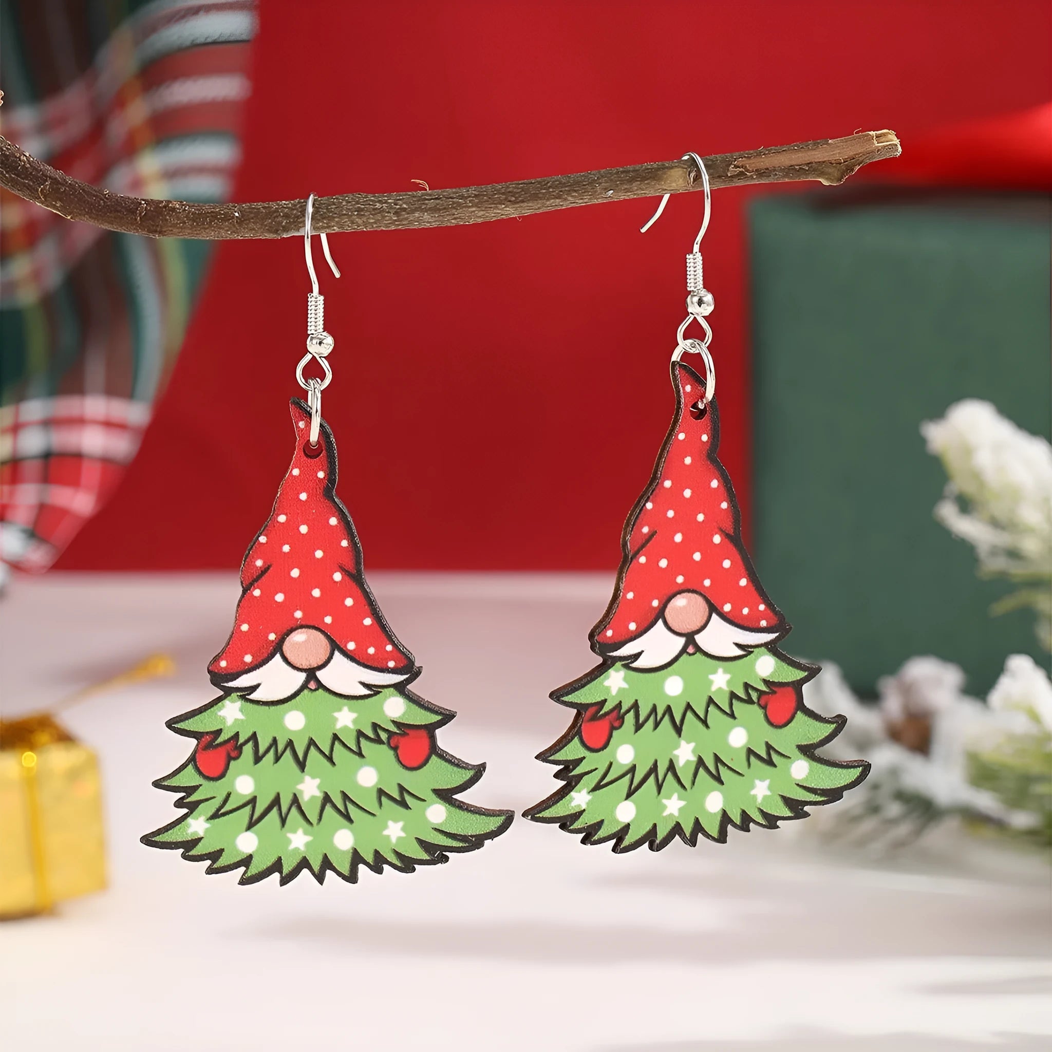 Printed wooden Christmas earrings with geometric Santa Claus designs in red and green