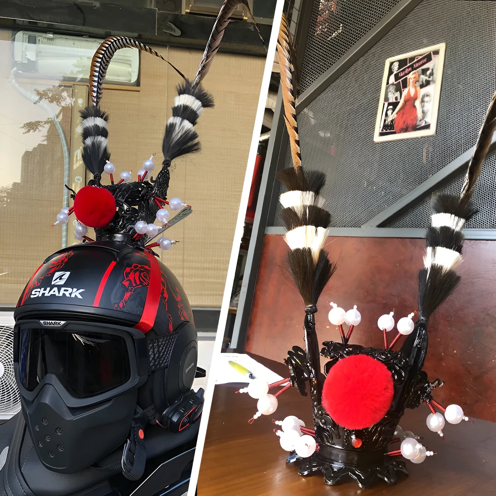 Black and gold crown with long feather plume decoration for mounting on a motorcycle helmet.