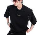 Niche deconstruction black short sleeve T-shirt with front lace-up fastening and cutout detail.