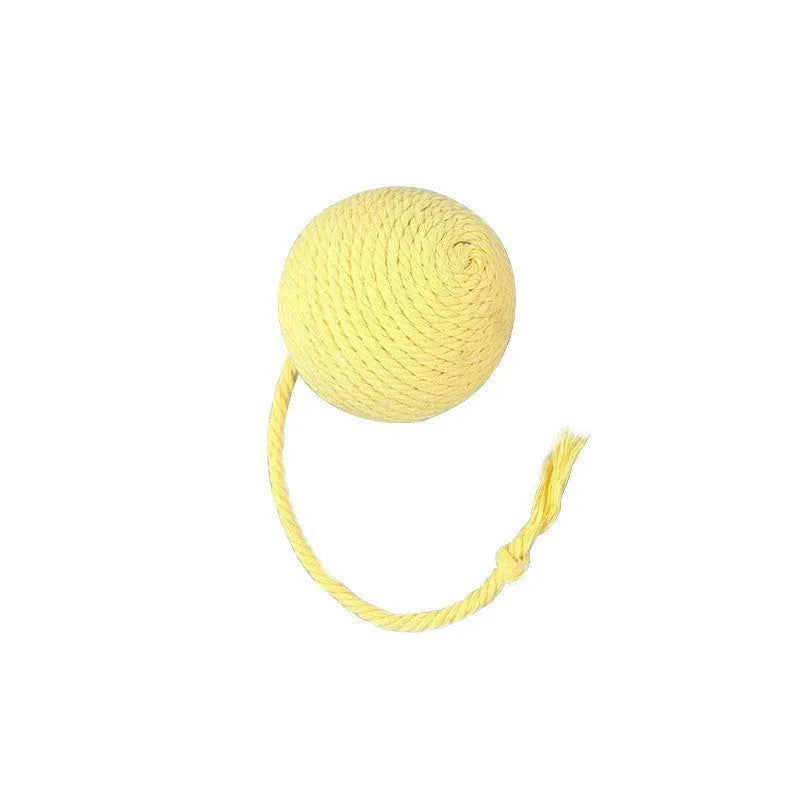 Interactive cat toy ball with rope and internal bell in green, pink, purple and yellow colours