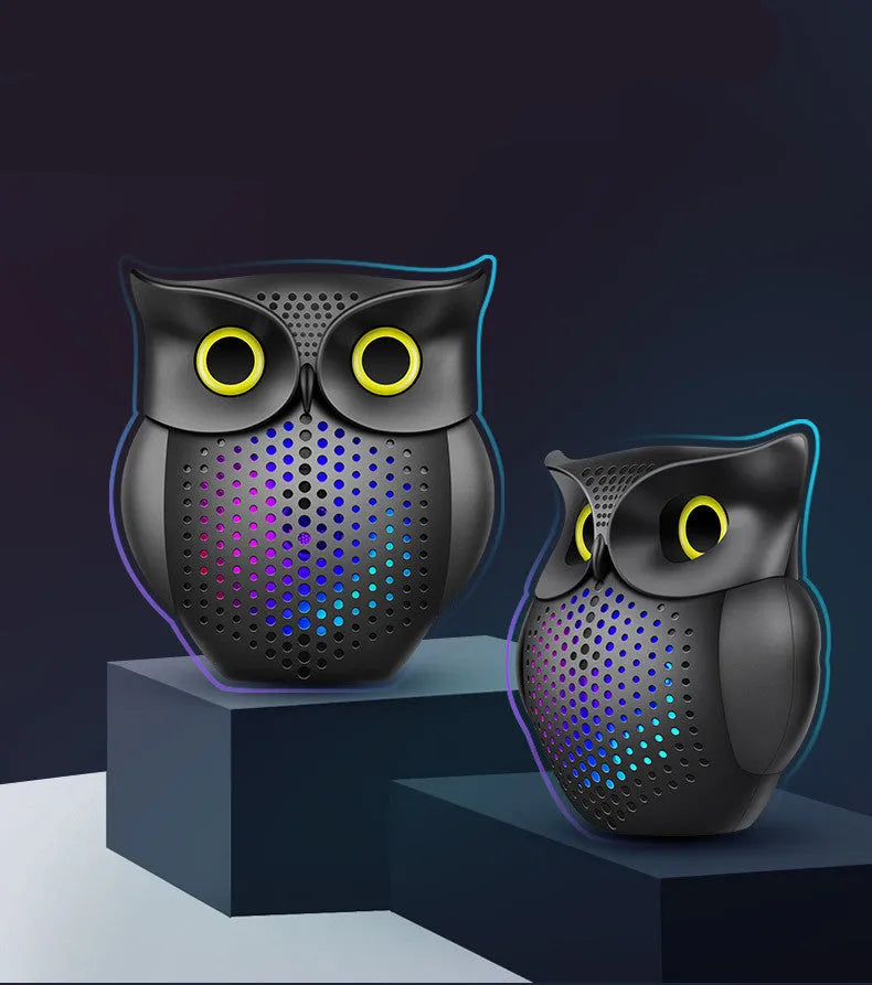 Black cartoon owl wireless Bluetooth speaker showing front design and compact size