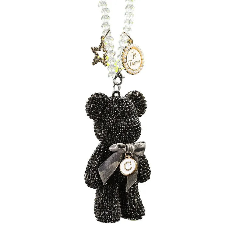 Violent Bear character car rearview mirror pendant with diamond-embedded rhinestone detailing measuring 5x9cm