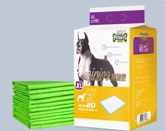 Pack of thickened dog urine pads showing adhesive backing and size comparison chart for S, M, L, and XL codes.