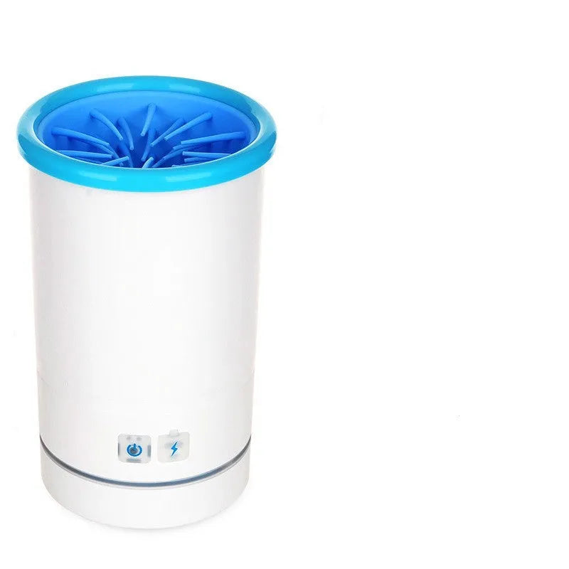 Automatic pet foot washing cup in white blue with silicone brush interior and USB power cable