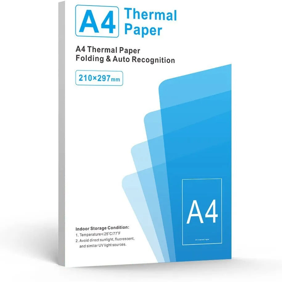 White A4 thermal paper for thermal printers in packaging showing paper size and sheet count