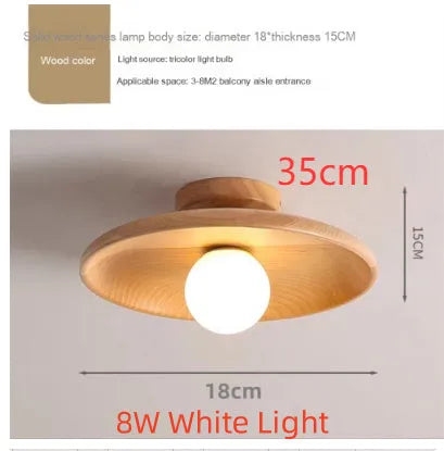 Japanese-style solid wood ceiling lamp in walnut finish with circular shade, 28cm diameter, mounted on ceiling