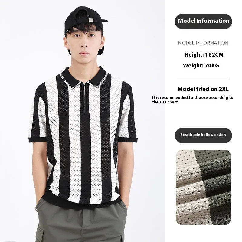 Men's black and white striped short sleeve ice silk sweater with a decorative zip.