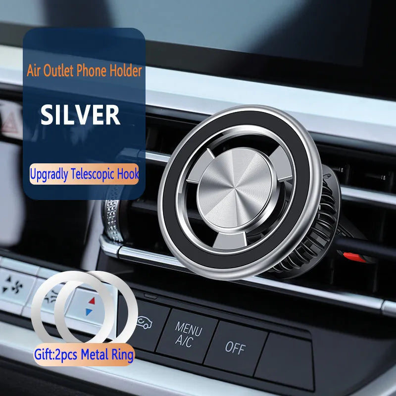 Magnetic mobile phone holder for car air vent mounting in black or silver colour