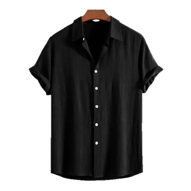 Men's loose-fit short sleeve cardigan in polyester fabric shown in solid colour options