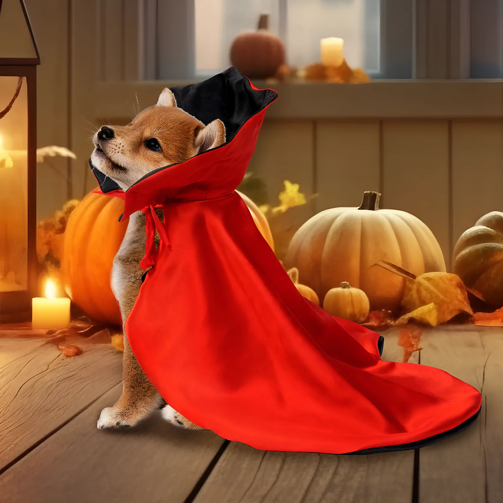 Red Halloween cape costume for a small dog or cat on a mannequin