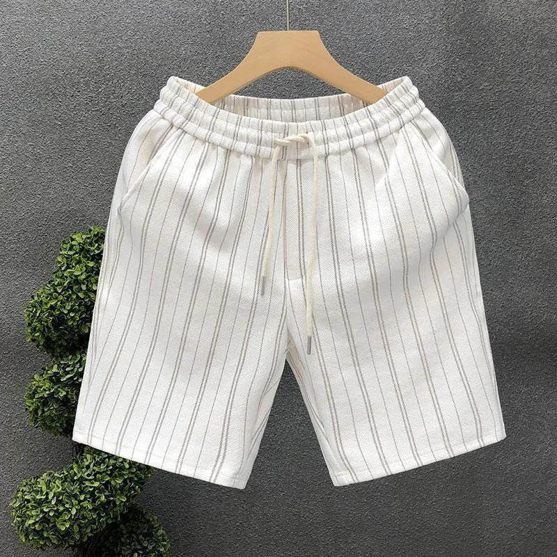 Men's black and white striped fleece-lined casual shorts with double-layer waistband