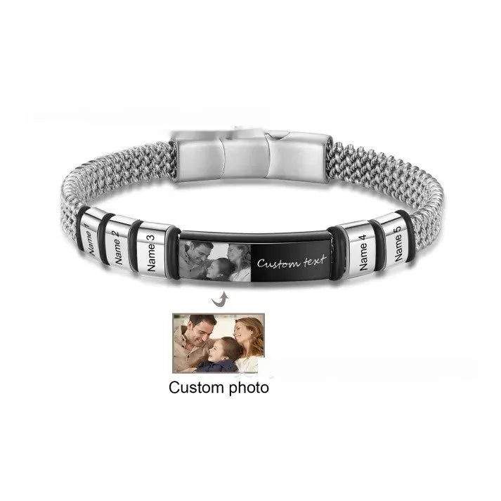 Men's stainless steel bracelet with leather rope and selectable lettering beads from one to six beads