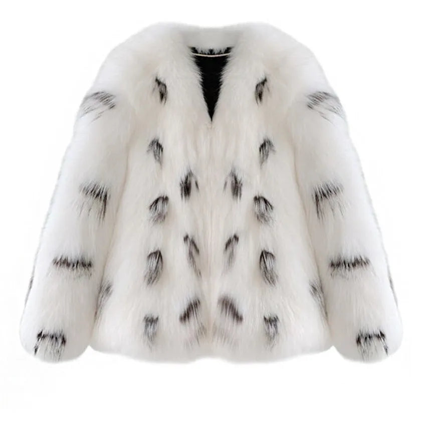 Women's black and white short faux fur coat in Korean street style, plus size.