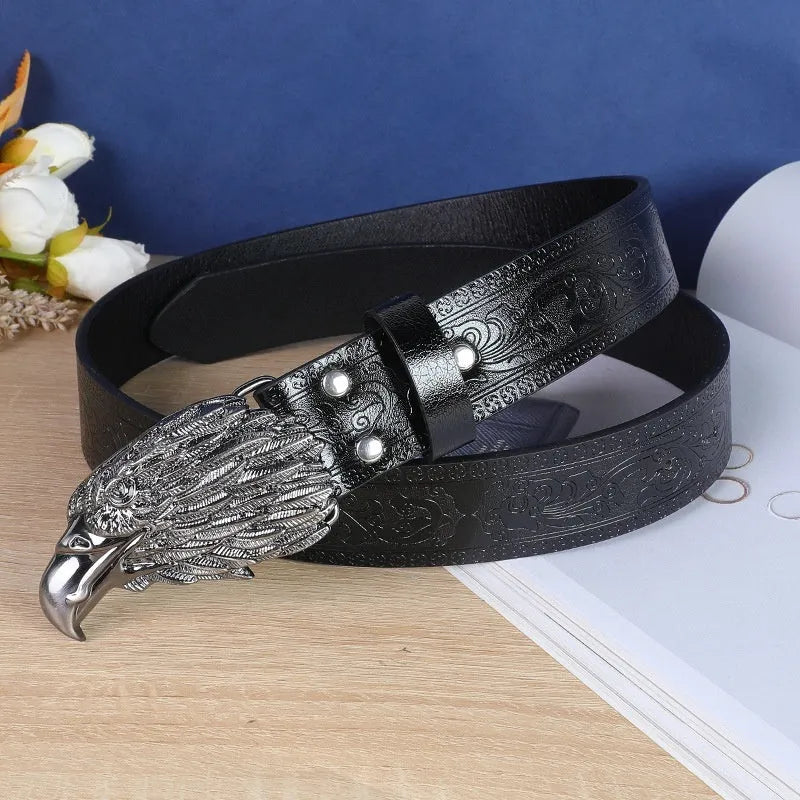 Men's brown imitation leather belt with a detailed metal cow head buckle and pin clasp.