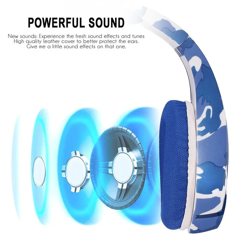 Wired gaming headset with cloth earmuffs and braided cable in camouflage blue colour with 3.5mm adapter