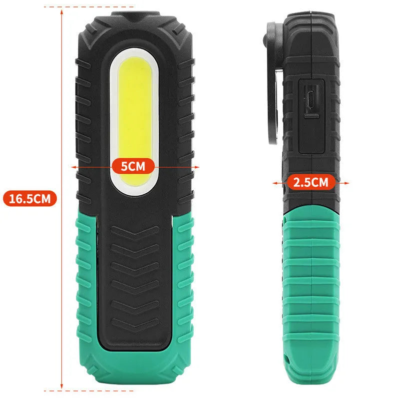 Black and green auto repair work light with USB charging port and clear lens