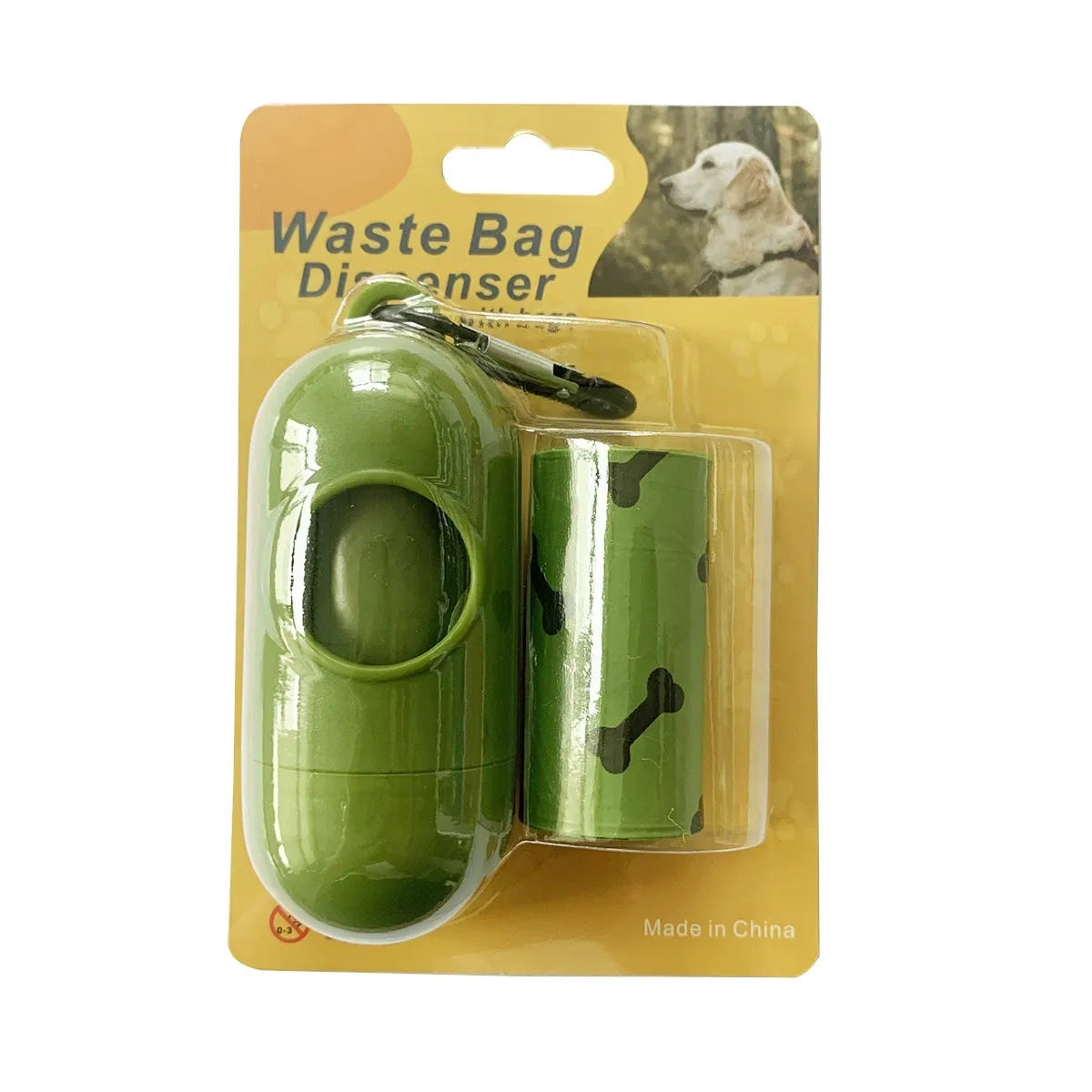 Degradable dog waste bag roll showing military green colour with black bone pattern print