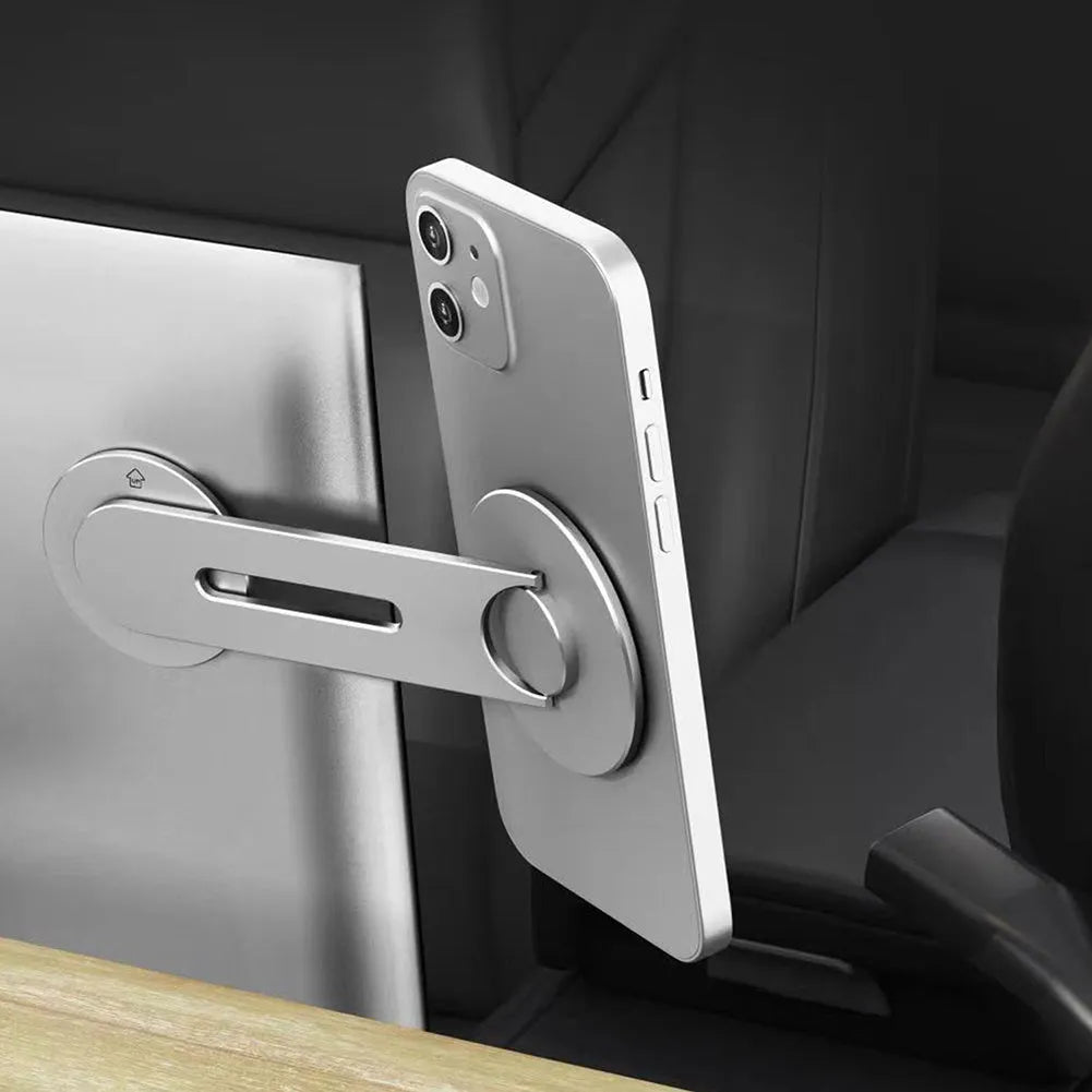 Silver aluminium alloy magnetic phone holder for Tesla vehicles with 180-degree flip mechanism