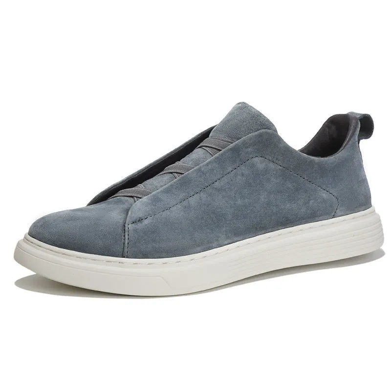 Men's no-tie elastic casual sneakers with top pigskin leather upper in gray, round toe, low-top design