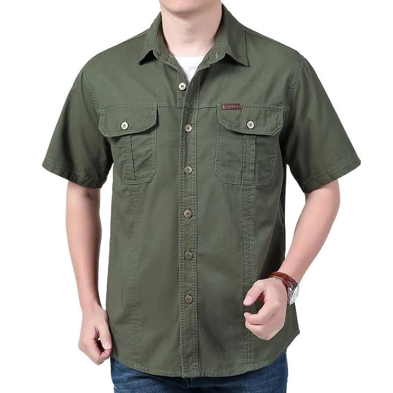 Men's solid colour cotton short sleeve cardigan shirt in dark blue, regular fit, summer wear