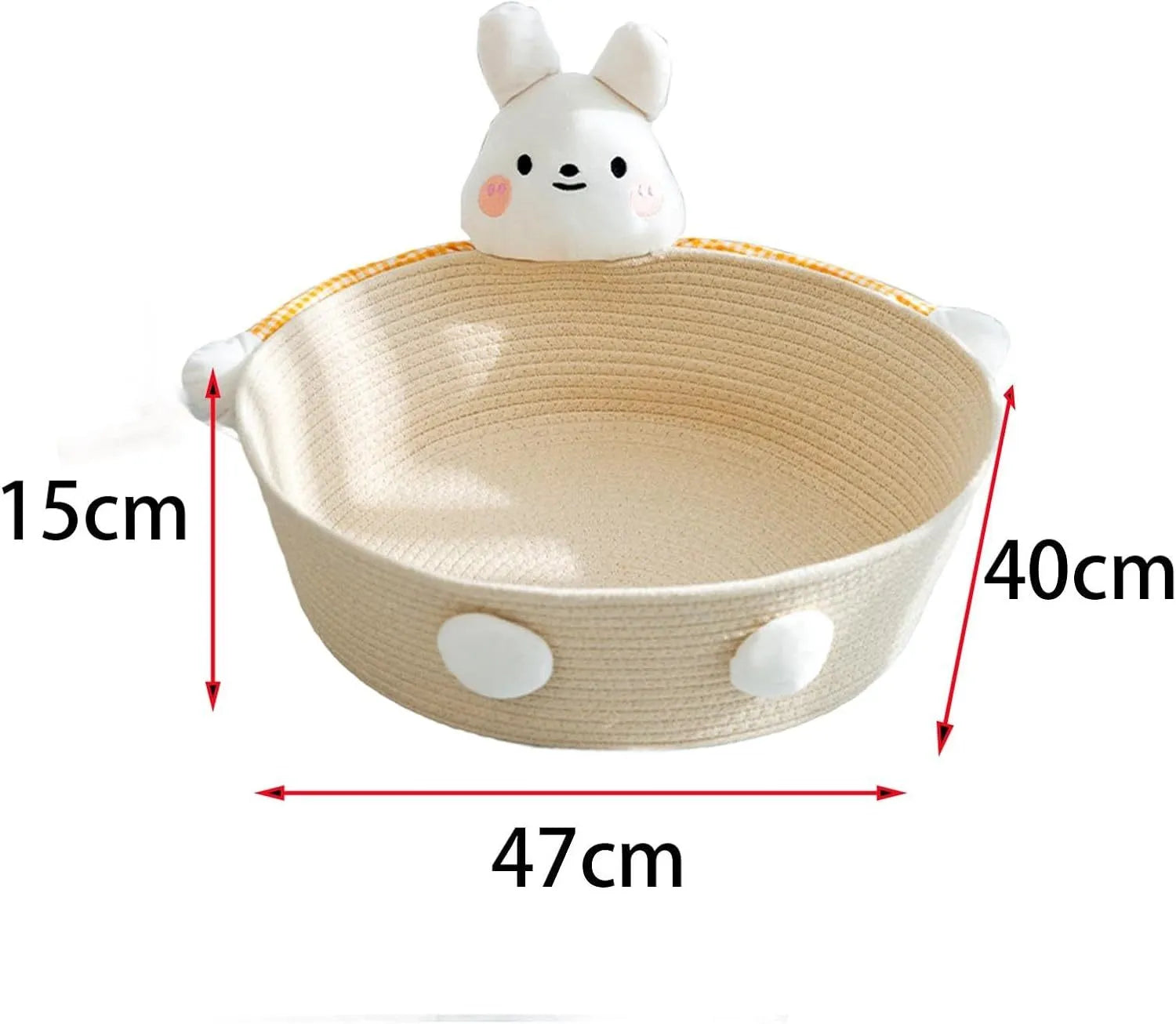 Woven cotton rope cat bed basket with integrated scratching pad for indoor cats, shown in Bear and Rabbit styles.
