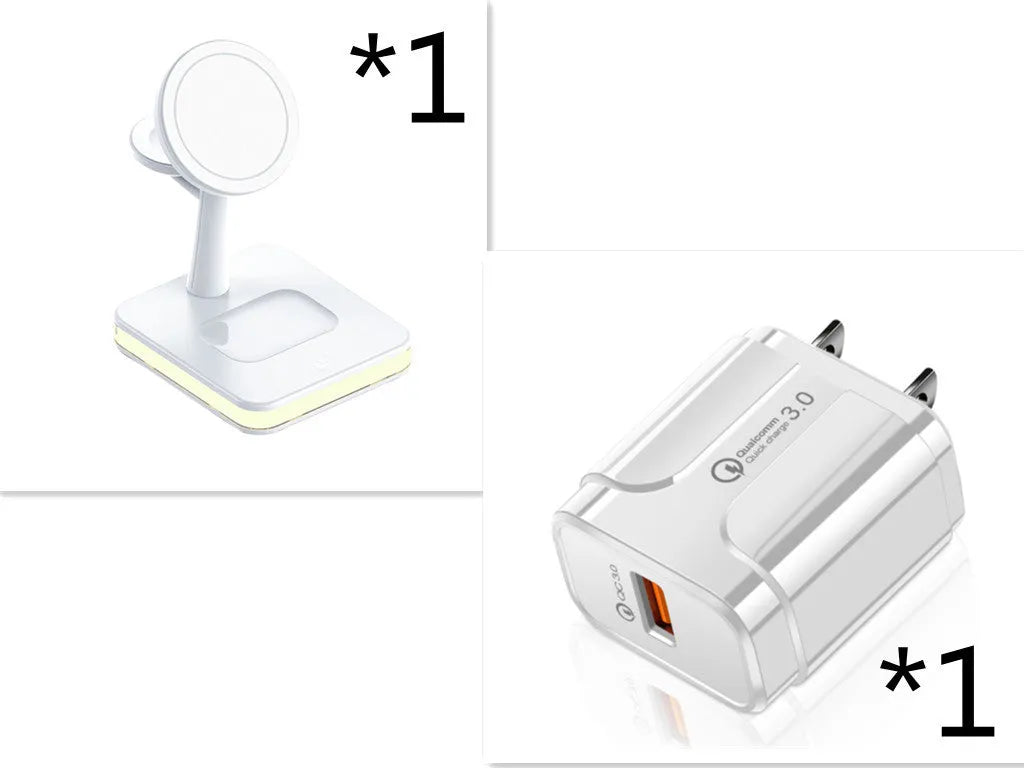 3-in-1 wireless charger magnetic bracket charging smartphone, watch, and earbuds on a desk