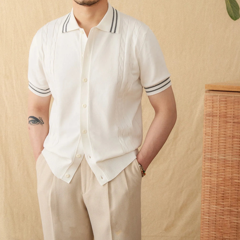 Short sleeve lapel collar polo shirt in a cotton blend fabric shown in apricot colour.