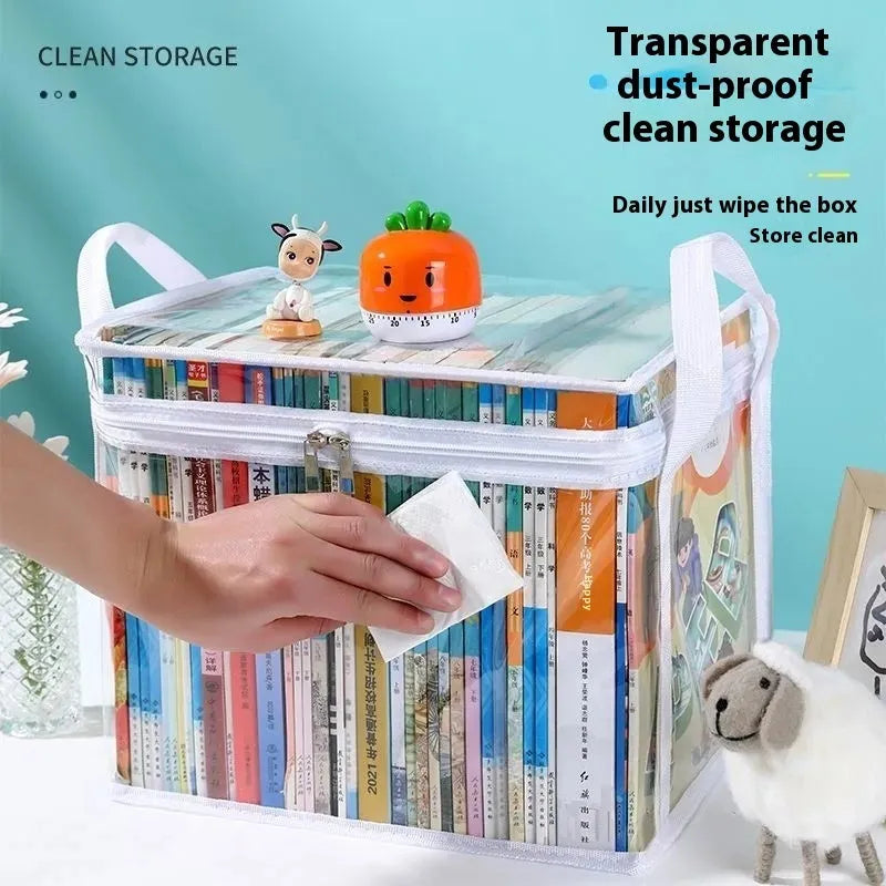 Large transparent foldable PVC storage bag showing inside, with sealing zip and dimensions 38x24x32cm.