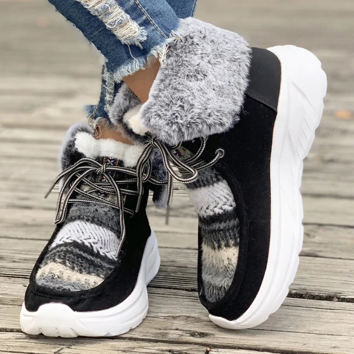 Women's lace-up snow boots in beige with thermal plush lining and rubber soles