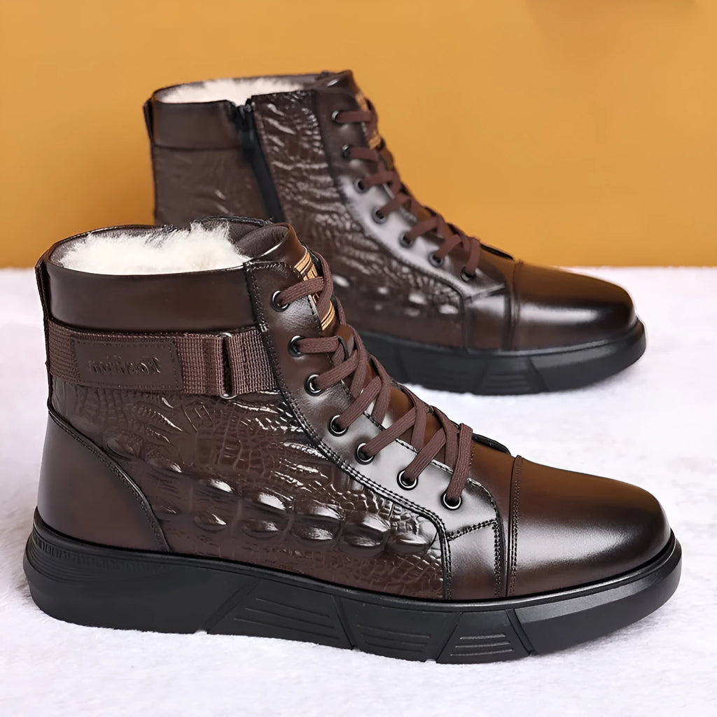 Men's black snow boots with fur lining, velvet trim, genuine leather upper, and rubber non-slip sole.