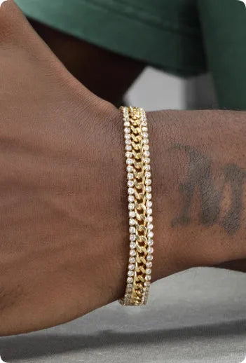Gold-plated titanium steel tennis bracelet with stone inlays for hip hop style