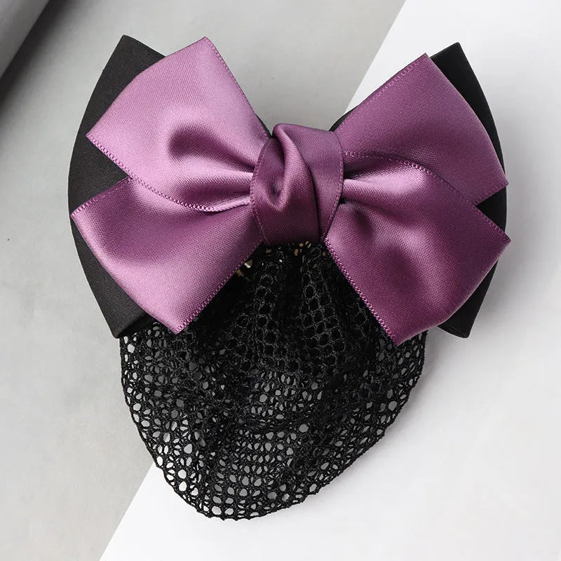 Professional hair clip headdress with flower bow net pocket in multiple colour variations