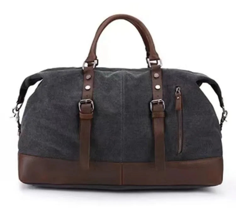 Canvas travel messenger shoulder bag with Crazy Horse leather trim, large capacity 36-55L, retro style, khaki colour
