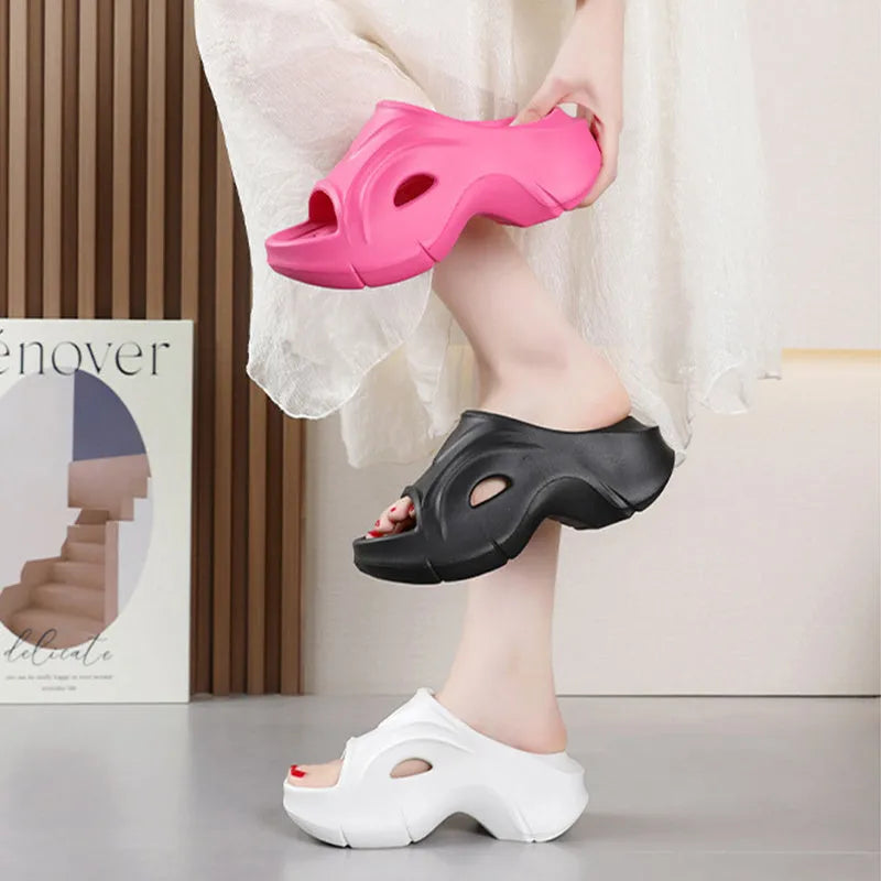 Women's thick-soled EVA slippers in white, black and rose red colours for outdoor beach wear